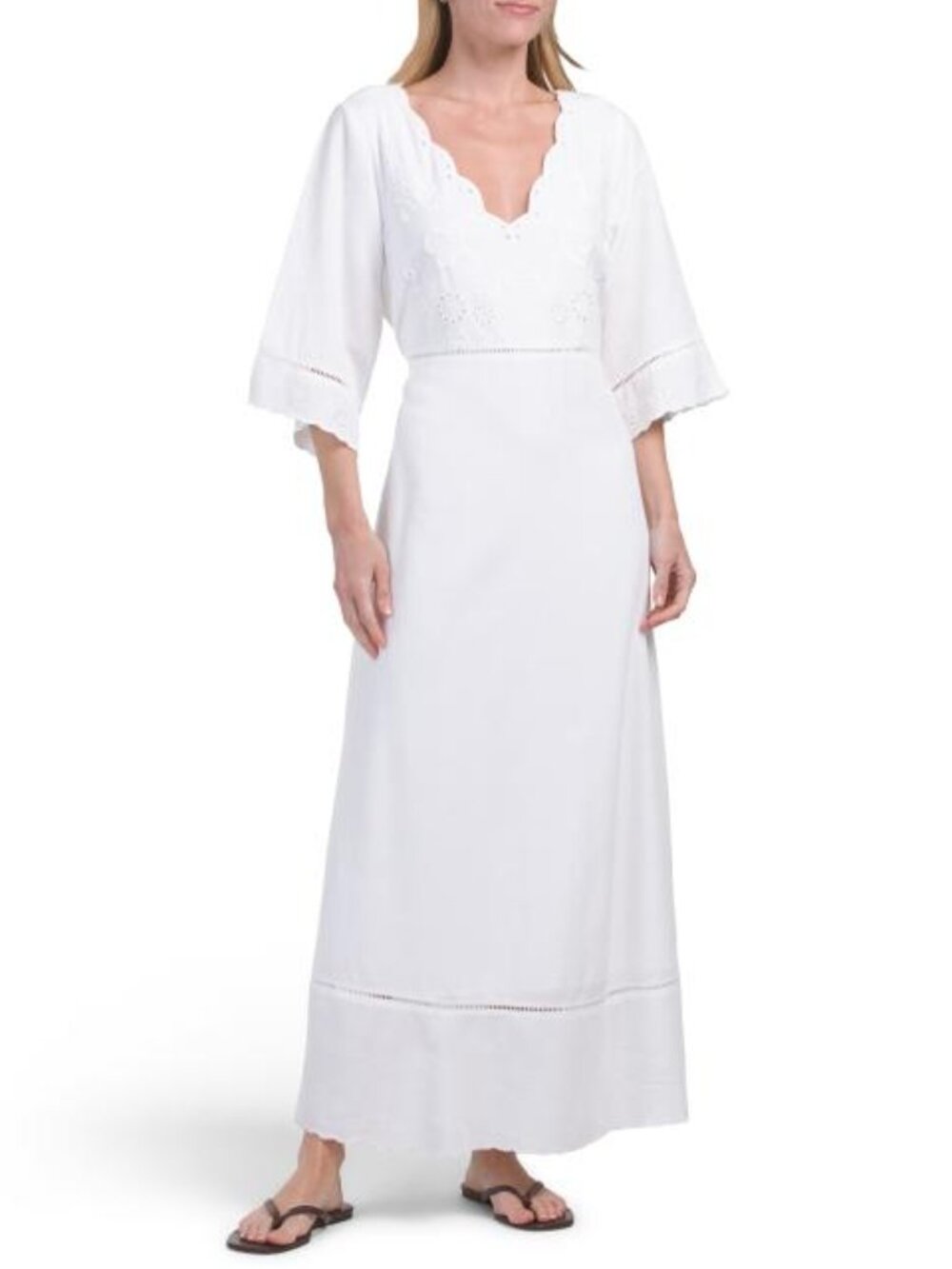 LEA Linen Blend Three-quarter Sleeve Embroidered Maxi Dress